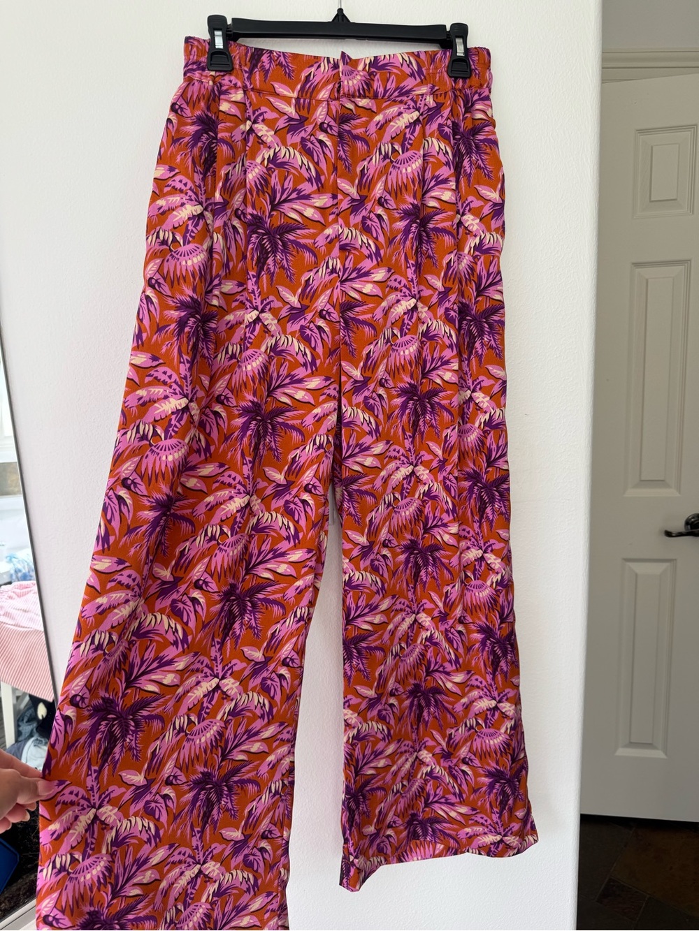 Kori Orange Wide-Leg Tropical Print Pants with Pink & Purple Leaves